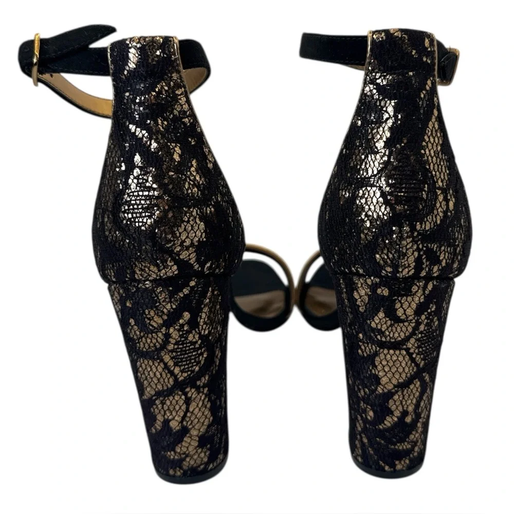 Marc Fisher Womens Black & Gold Lace Block Heel Ankle Strap Sandals Open Toe 10M